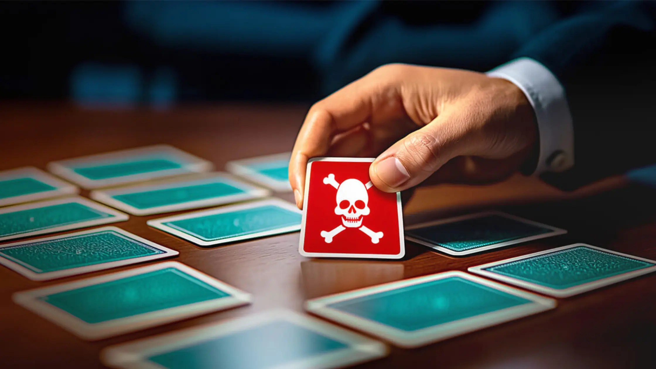 Businessperson picking a card with skull icon, symbolizing MATCH list risk for high-risk merchants.