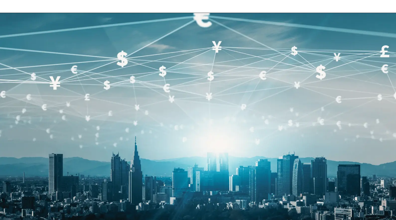 Digital currencies float over a city representing Cross-Border Payments and finance.